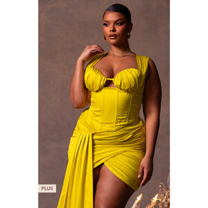 PrettyLittleThing Plus Chartreuse Constructed Satin Ruched Bust Corset 16 NWT